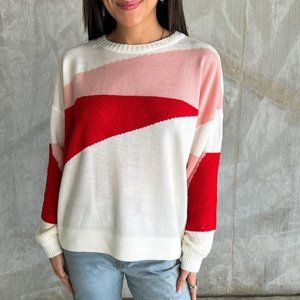 NEW Andree by Unit | Colorblock Sweater in Red, Pink & Ivory w Popcorn Details